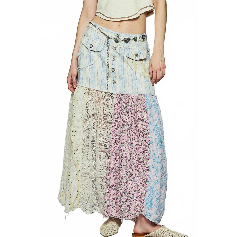 NEW POL woven floral print mixed skirt in blue multi